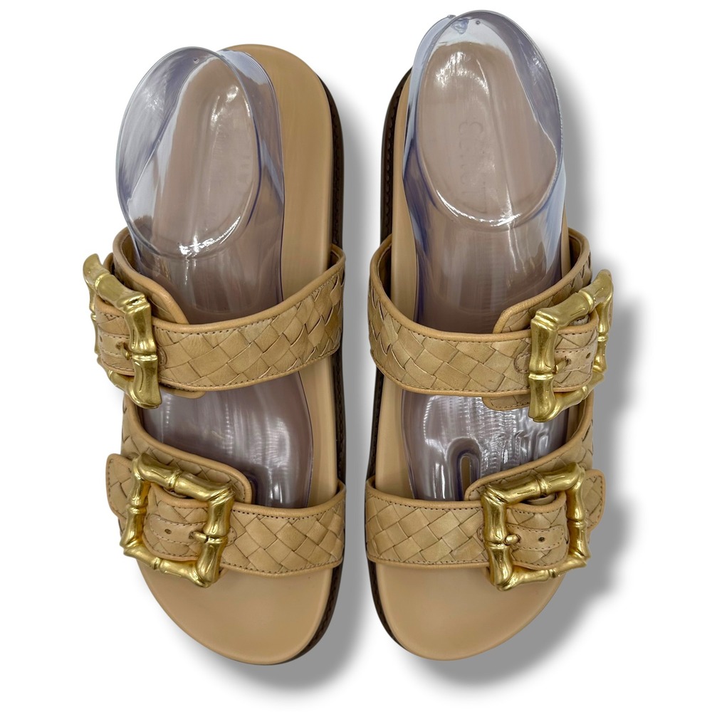 Schutz Atanado Tan Woven Leather Bamboo Buckle Slide Sandals Molded Bed 11B - Picture 6 of 11